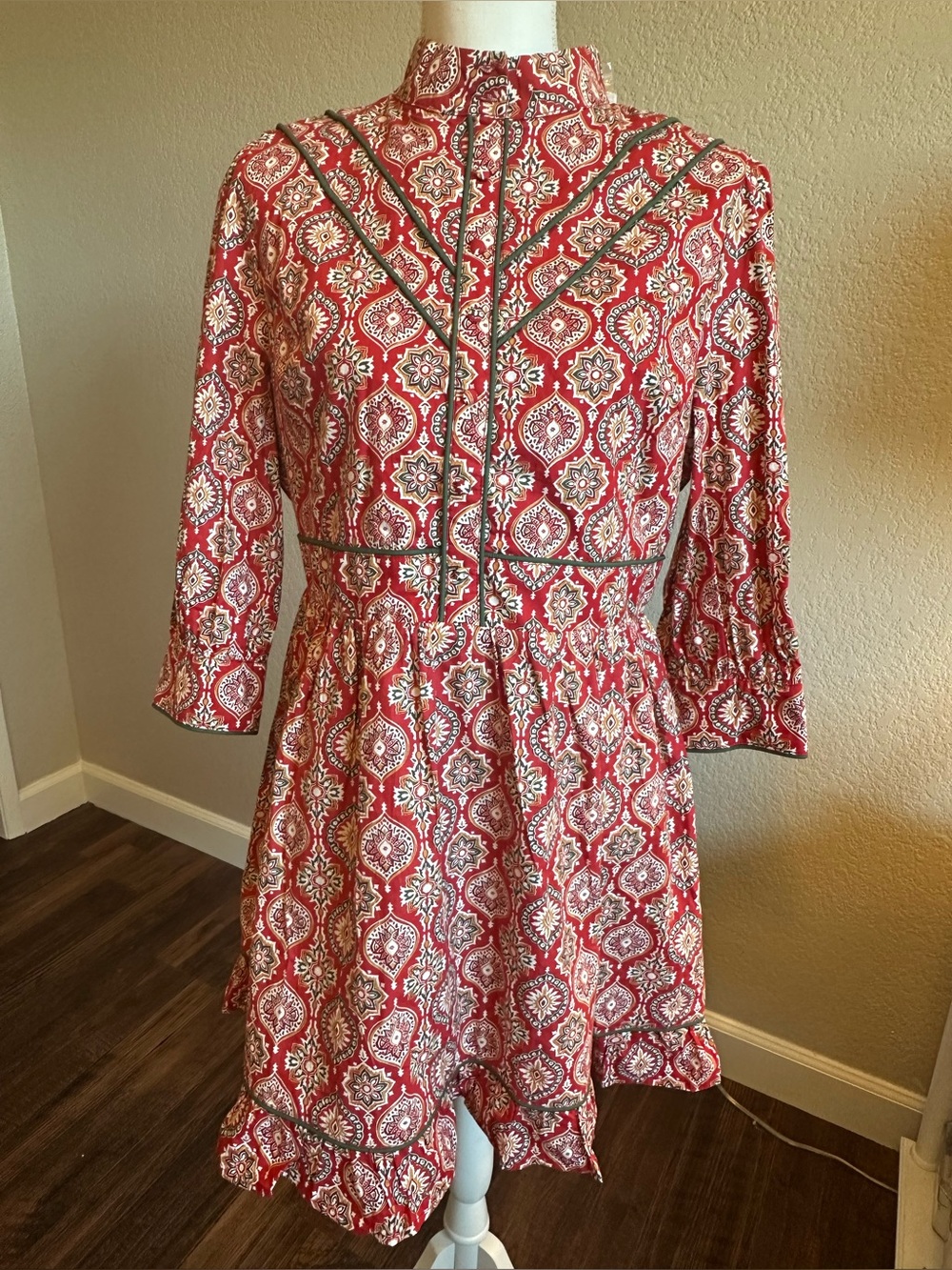 Avara Red Printed Fit-and-Flare Dress with High Neck